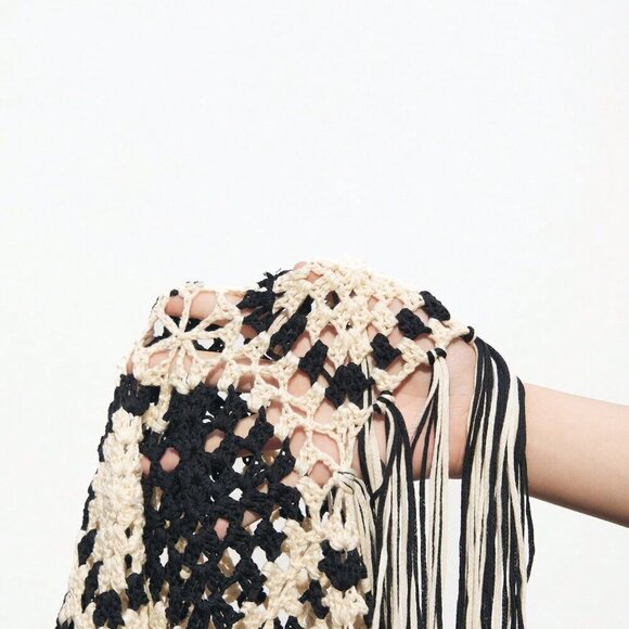 Black and White Party Women's Contrast Color Crochet Knit Sweater Dress - Picture 8 of 8